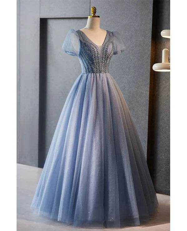 Luolandi Unique and beautiful sky blue beaded rhinestone fluffy short sleeved ball dress A-shaped princess V-neck backless strap and ground length evening dress Prom Dress